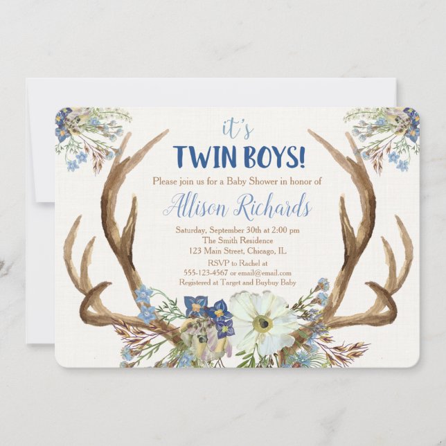 Twins boy baby shower invitation deer antlers boho (Front)