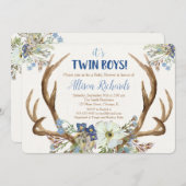 Twins boy baby shower invitation deer antlers boho (Front/Back)