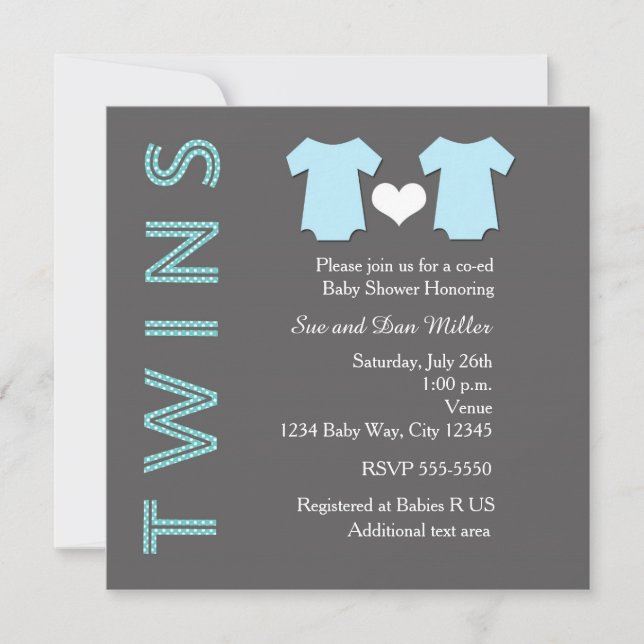 TWINS Boy Blue Twin Baby Shower Party Invitation (Front)
