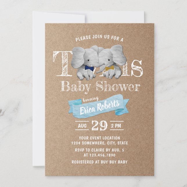 Twins Boy Cute Elephant Rustic Kraft Baby Shower Invitation (Front)