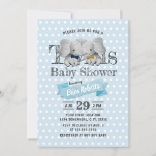 Twins Boy Elephant Blue Polka Dots Baby Shower Invitation