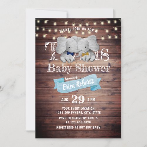 Twins Boy Elephant Rustic Barn Baby Shower Invitation