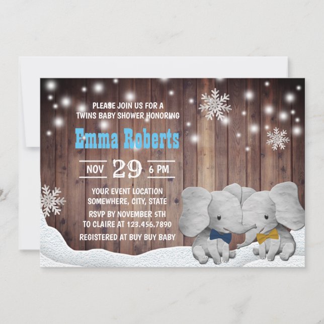 Twins Boy Elephant Winter Snowflaes Baby Shower Invitation (Front)