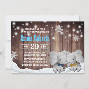 Twins Boy Elephant Winter Snowflaes Baby Shower Invitation