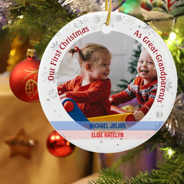 Twins Boy Girl 1st Xmas Great-Grandparents Photos Ceramic Ornament (Our First Christmas as Great-Greatparents of Twin Boy and Girl. Snowflakes. Cute Swaddled Babies)