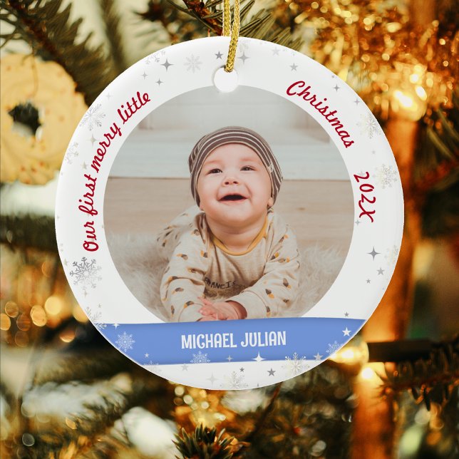Twins Boy Girl 2 Photos 1st Merry Little Christmas Ceramic Ornament (Elegant Modern Cute Our first merry little Christmas Twins Baby Boy Girl 2 Photos Snowflakes Stars)