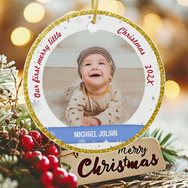 Twins Boy Girl 2 Photos 1st Merry Little Christmas Ceramic Ornament (Elegant Modern Cute Our first merry little Christmas Twins Baby Boy Girl 2 Photos Snowflakes Golden)