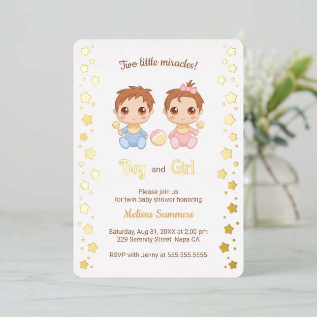 Twins Boy Girl Baby Shower Foil Invitation (Standing Front)