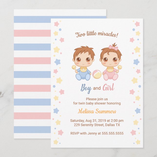 Twins Boy Girl Baby Shower Invitation (Front/Back)