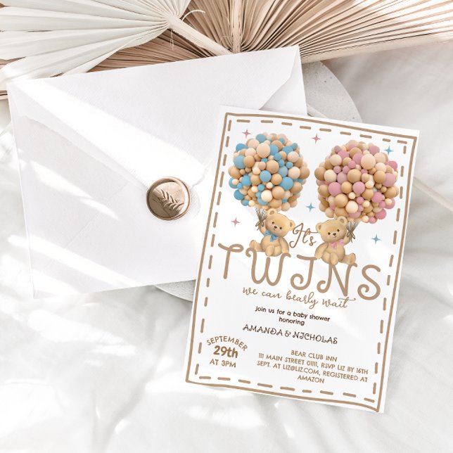 Twins Boy Girl Bear Pink Blue Balloon Baby Shower Invitation (Creator Uploaded)