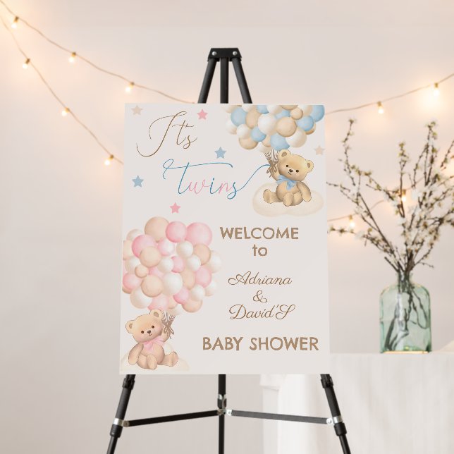 Twins Boy Girl Bears Baby Shower Welcome Sign (In Situ (Stand))