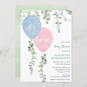 Twins boy girl blue pink balloons baby shower invitation