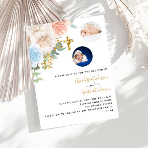 Twins boy girl blue rose photo luxury baptism invitation