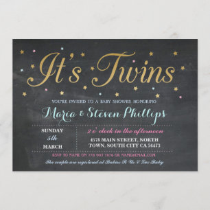 Twins Boy Girl Chalk Gold Baby Shower Invitation
