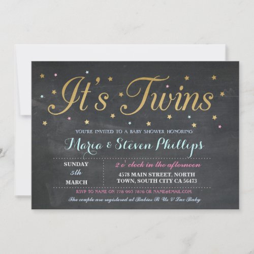 Twins Boy Girl Chalk Gold Baby Shower Invitation