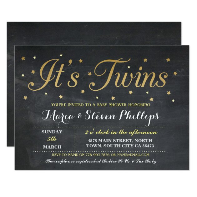 Twins Boy Girl Chalk Gold Baby Shower Invitation