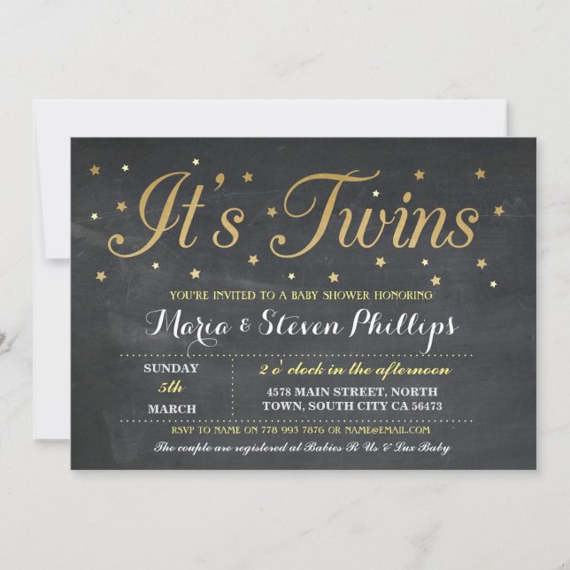 Twins Boy Girl Chalk Gold Baby Shower Invitation (Front)