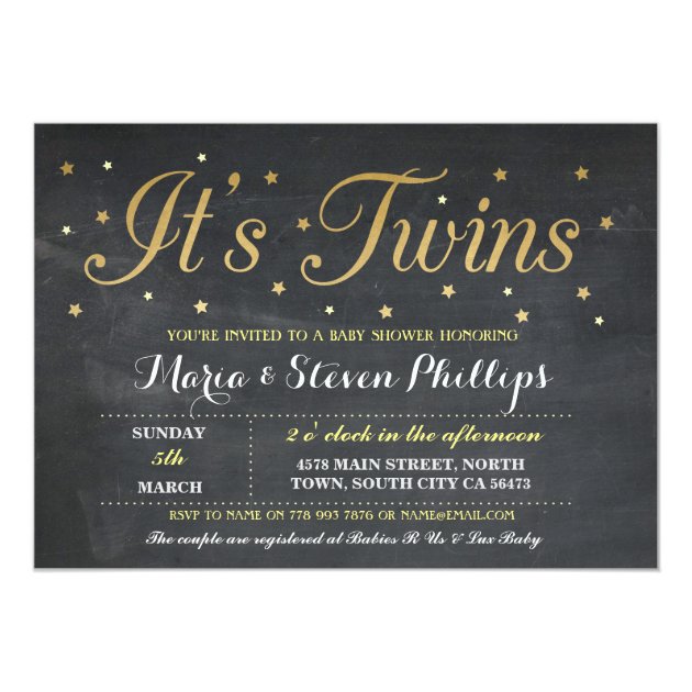 Twins Boy Girl Chalk Gold Baby Shower Invitation