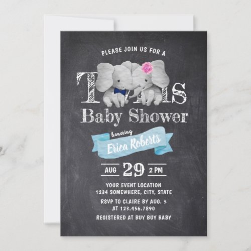 Twins Boy  Girl Cute Elephant Rustic Baby Shower Invitation
