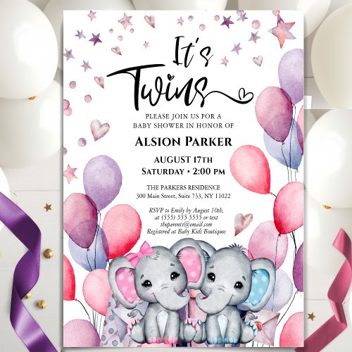 Twins Boy Girl Elephant Balloon Cute Baby Shower Invitation