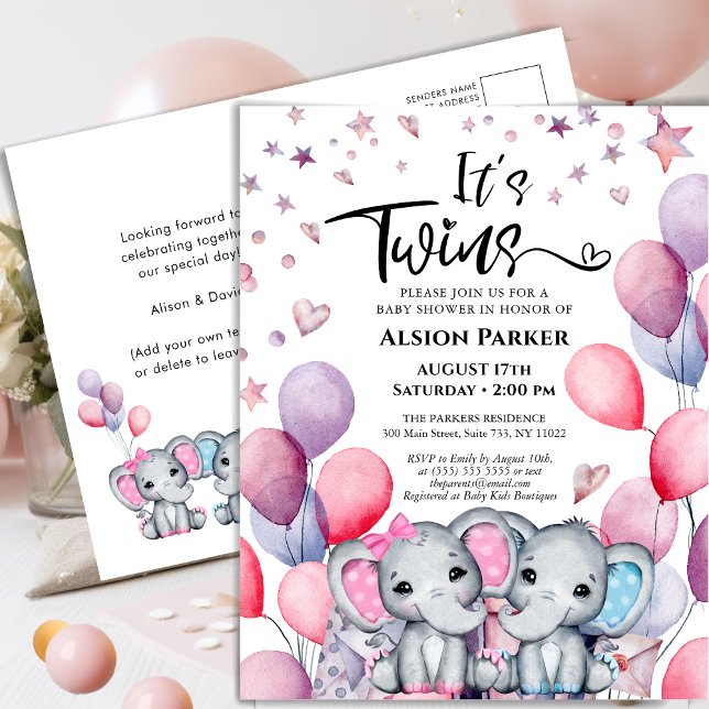 Twins Boy Girl Elephant Balloons Cute Baby Shower Invitation Postcard (Creator Uploaded)