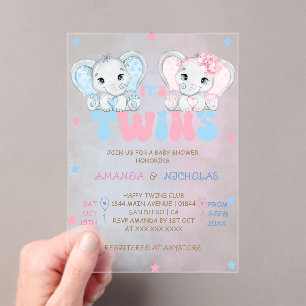 Twins Boy Girl Elephants Baby Shower Acrylic Invitations