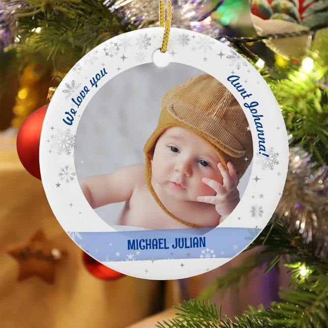 Twins Boy Girl Photos Aunt First Christmas Baby Ceramic Ornament (Modern Elegant Cute We love you Aunt Auntie Our First Christmas Twins Baby Boy Girl Snowflakes Stars)