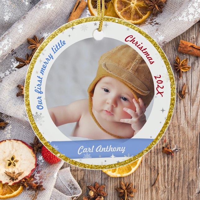 Twins Boy Girl Photos First Merry Little Christmas Ceramic Ornament (Modern Elegant Cute Our First Merry Little Christmas Twin Baby Boys 2 Photos Snowflakes Golden Frame)