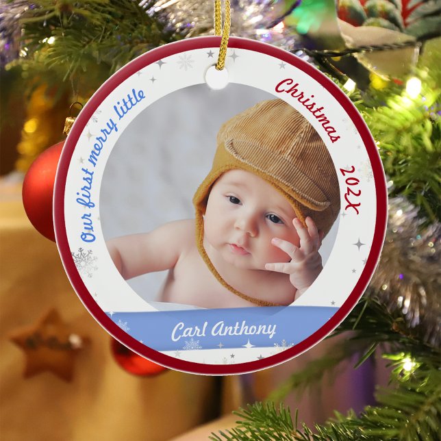 Twins Boy Girl Photos First Merry Little Christmas Ceramic Ornament (Modern Elegant Cute Our First Merry Little Christmas Twins Boy Girl 2 Photos Snowflakes Red Frame)