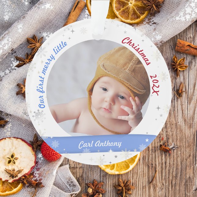 Twins Boy Girl Photos First Merry Little Christmas Ornament (Modern Elegant Cute Our First Merry Little Christmas Twins Boy Girl 2 Photos Snowflakes Blue Pink)