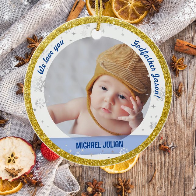 Twins Boy Girl Photos Godfather 1st Christmas Baby Ceramic Ornament (Modern, Elegant, Cute We love you, Godfather First Christmas Twin Babies Boy Girl Snowflakes Golden)