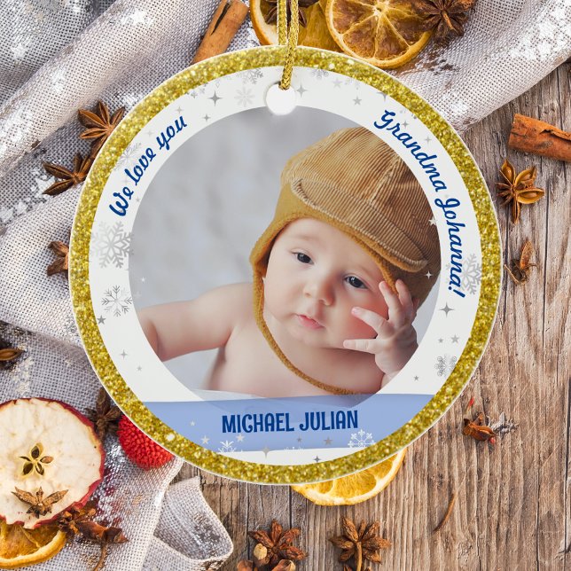 Twins Boy Girl Photos Grandma First Christmas Baby Ceramic Ornament (Modern, Elegant, Cute We love you, Grandma First Christmas Twin Babies Boy Girl Snowflakes Golden)