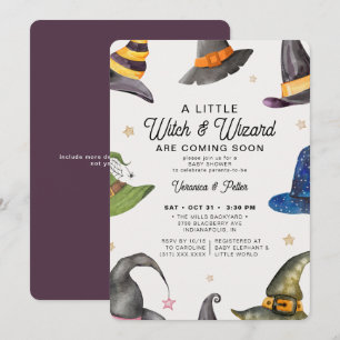 Twins Boy Girl Purple Halloween Baby Shower Invitation