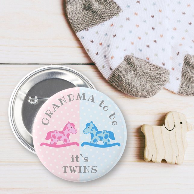 Twins Boy Girl Rocking Horse Grandma Baby Shower Button (Creator Uploaded)