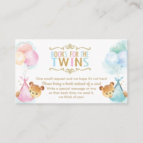 Twins Boy Girl Teddy Bears Bring a Book Instead Enclosure Card