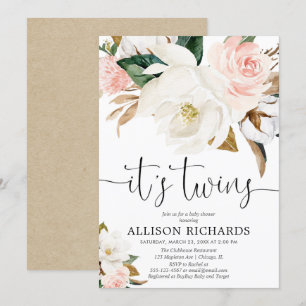 Twins boy girl white pink rustic baby shower invitation
