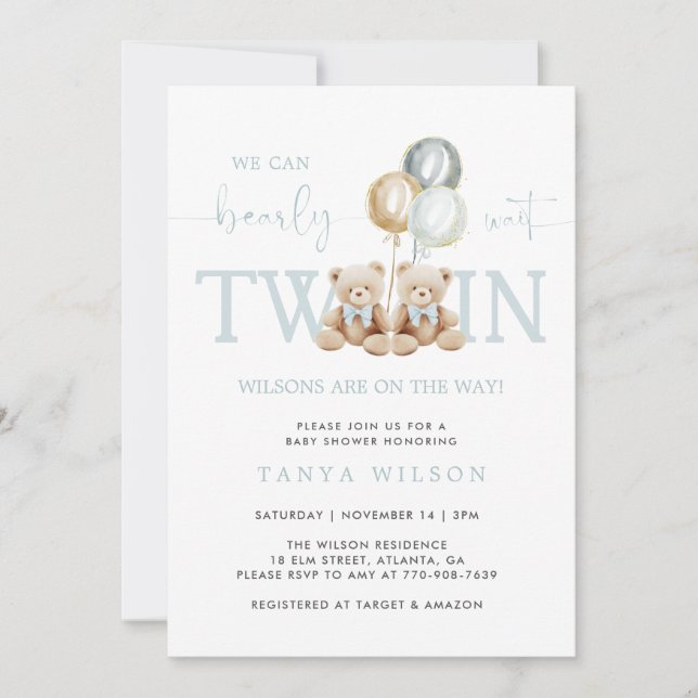 Twins Boy Teddy Bear Bearly Wait Baby Shower Invitation (Front)
