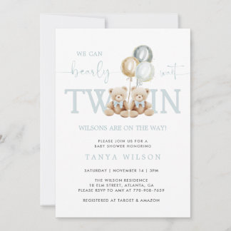 Twins Boy Teddy Bear Bearly Wait Baby Shower Invitation