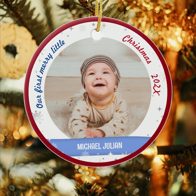 Twins Boys 2 Photos First Merry Little Christmas Ceramic Ornament (Cute Modern Elegant Personalized Our First Merry Little Christmas Twin Baby Boys 2 Photos Snowflakes)