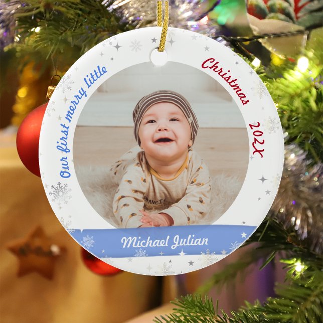 Twins Boys 2 Photos First Merry Little Christmas Ceramic Ornament (Modern Elegant Cute Our First Merry Little Christmas Twins Baby Boys 2 Photos Snowflakes Stars)