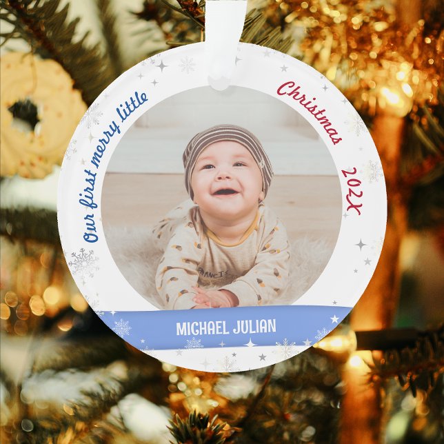 Twins Boys 2 Photos First Merry Little Christmas Ornament (Cute Modern Elegant Personalized Our First Merry Little Christmas Twin Baby Boys 2 Photos Snowflakes)