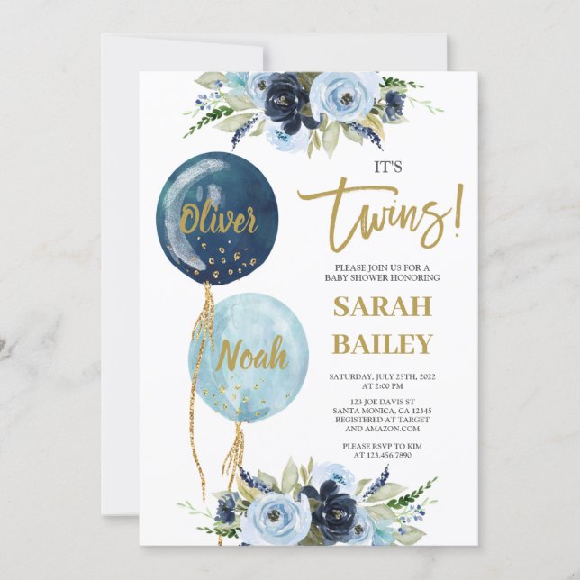 Twins Boys Baby Shower Invitation (Front)