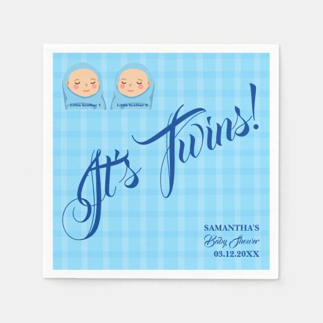 Twins Boys Baby Shower Party Blue.  Napkins (Front)