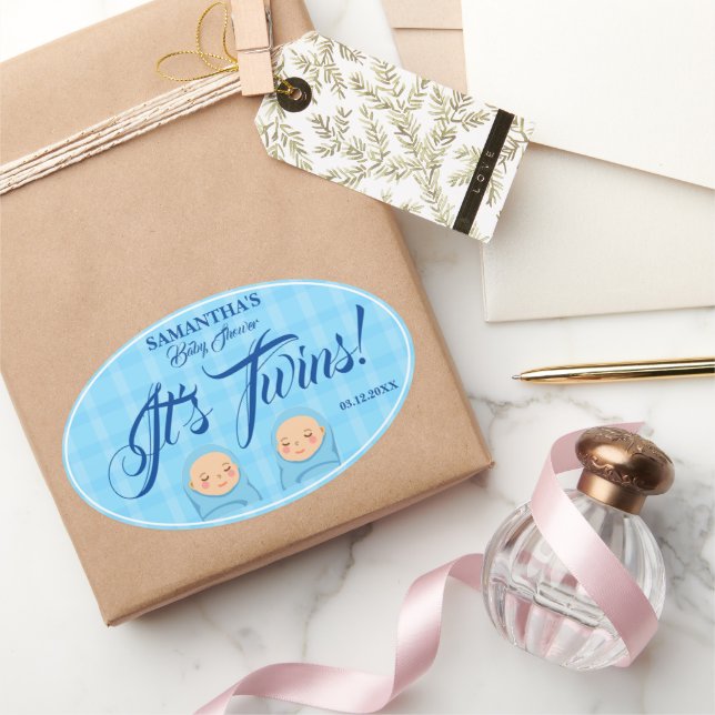 Twins Boys Baby Shower Party Blue.  Napkins Oval Sticker (Gifting)
