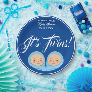 Twins Boys Baby Shower Party Blue. Paper Plates