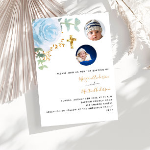 Twins boys blue floral photo luxury baptism invitation