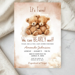 Twins Boys Brown Bear Baby Shower Invitation