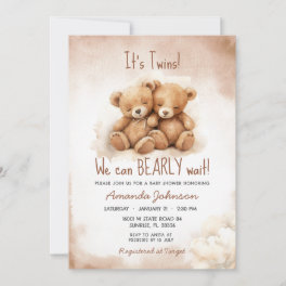 Twins Boys Brown Bear Baby Shower Invitation