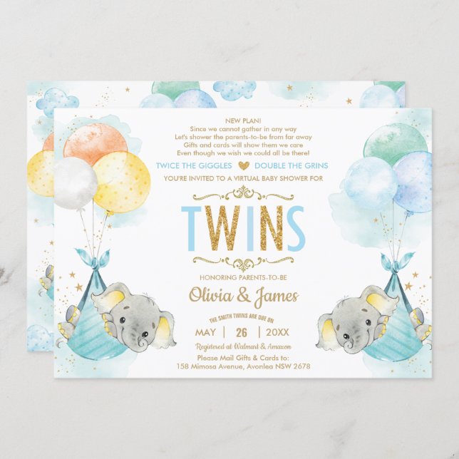 Twins Boys Elephant Virtual Baby Shower by Mail Invitation (Front/Back)