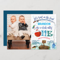 Twins boys little fisherman 1st birthday photo invitation